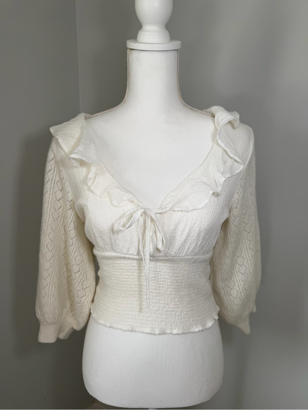 Free People Ivory Ruffle Smocked Long Sleeve Top XS